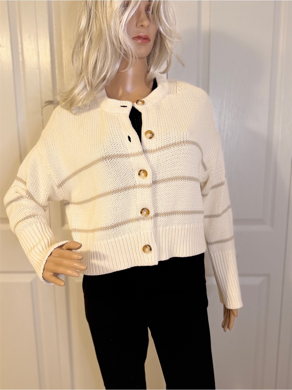 Magaschoni 100% Cotton Striped Cardigan Sweater NWT Cream XS Luxury Knit - Picture 2 of 10